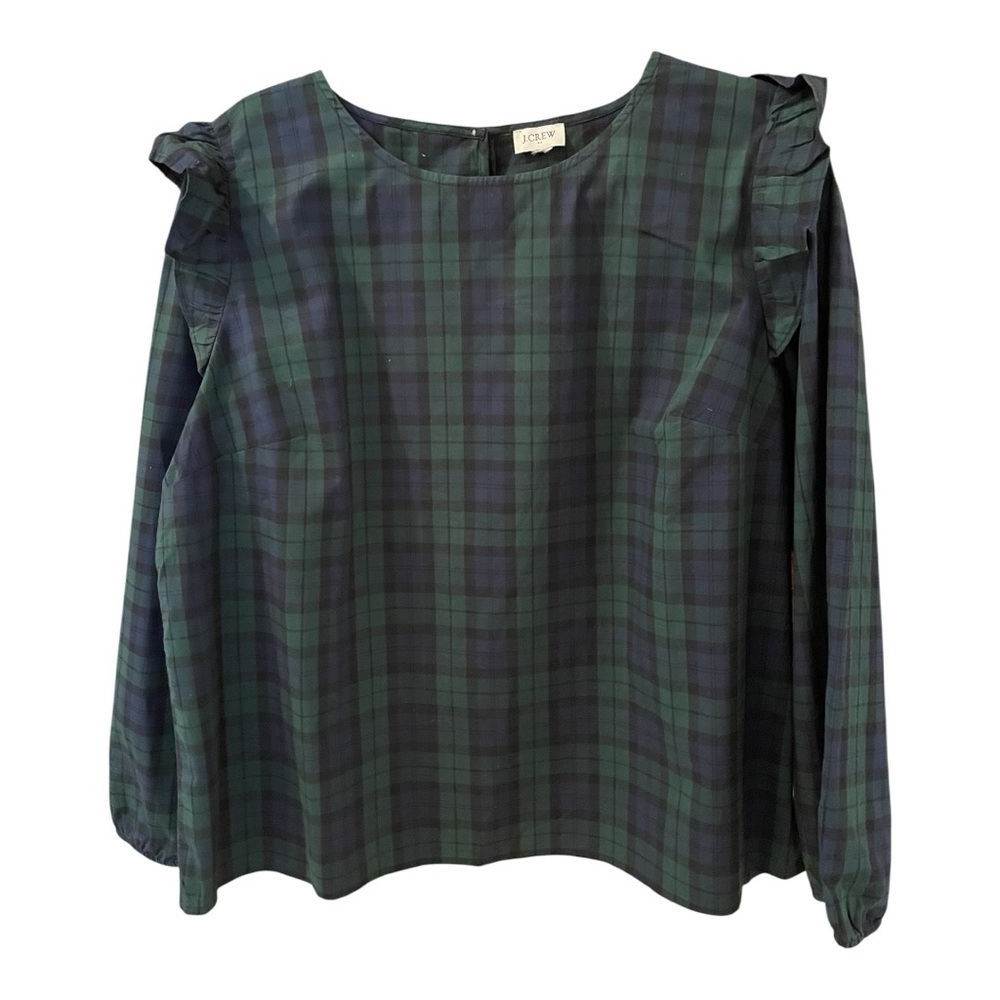 J. Crew Top, Size Unmarked, Blue & Green Paid, Slipover w/Shoulder Ruffles.